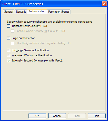 Exchange Receive Connector Authentication Properties