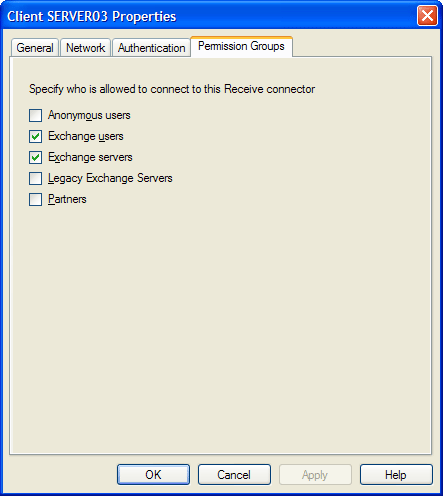 Exchange Receive Connector Permission Groups Properties