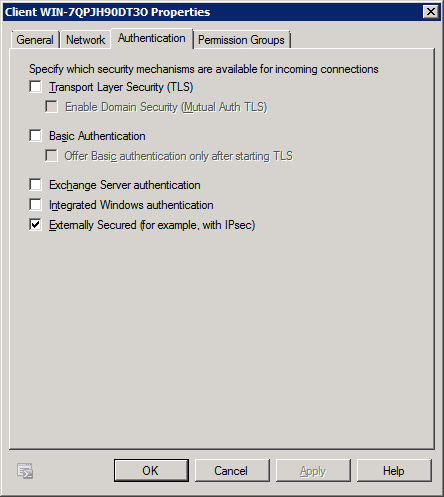 Exchange Receive Connector Authentication Properties