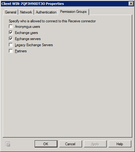 Exchange Receive Connector Permission Groups Properties