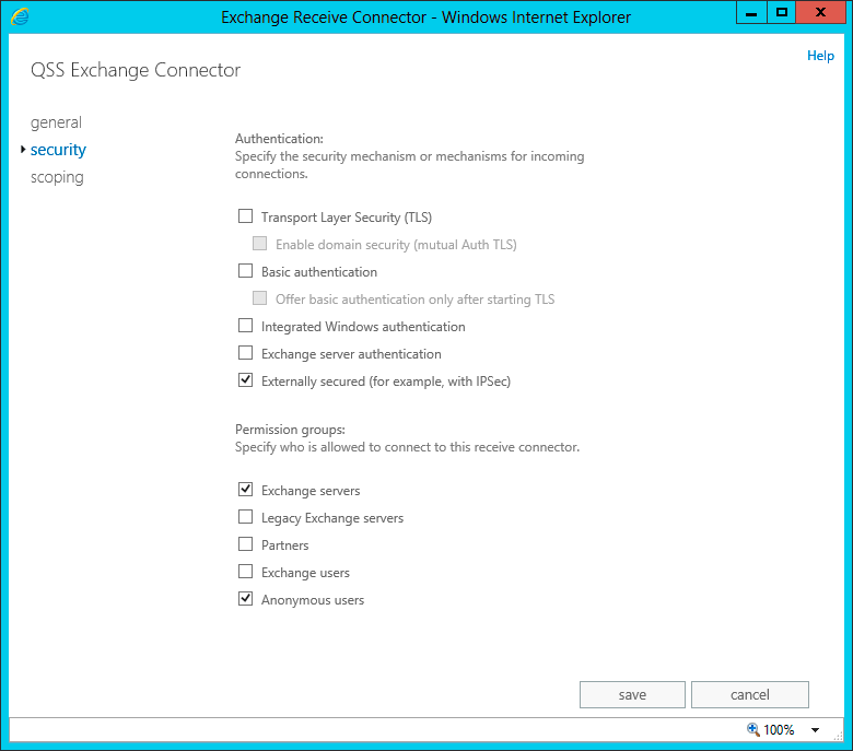 Exchange Receive Connector Authentication Properties