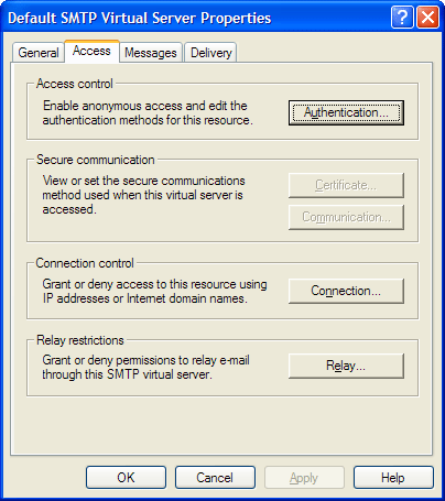Default SMTP Virtual Server Properties Access